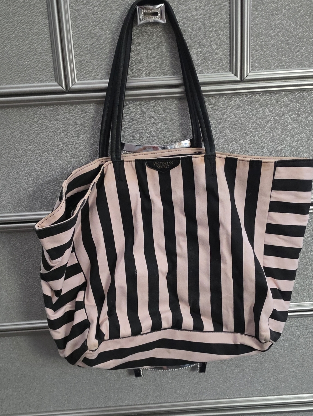 Victoria's Secret Black and Blush Striped Canvas Tote